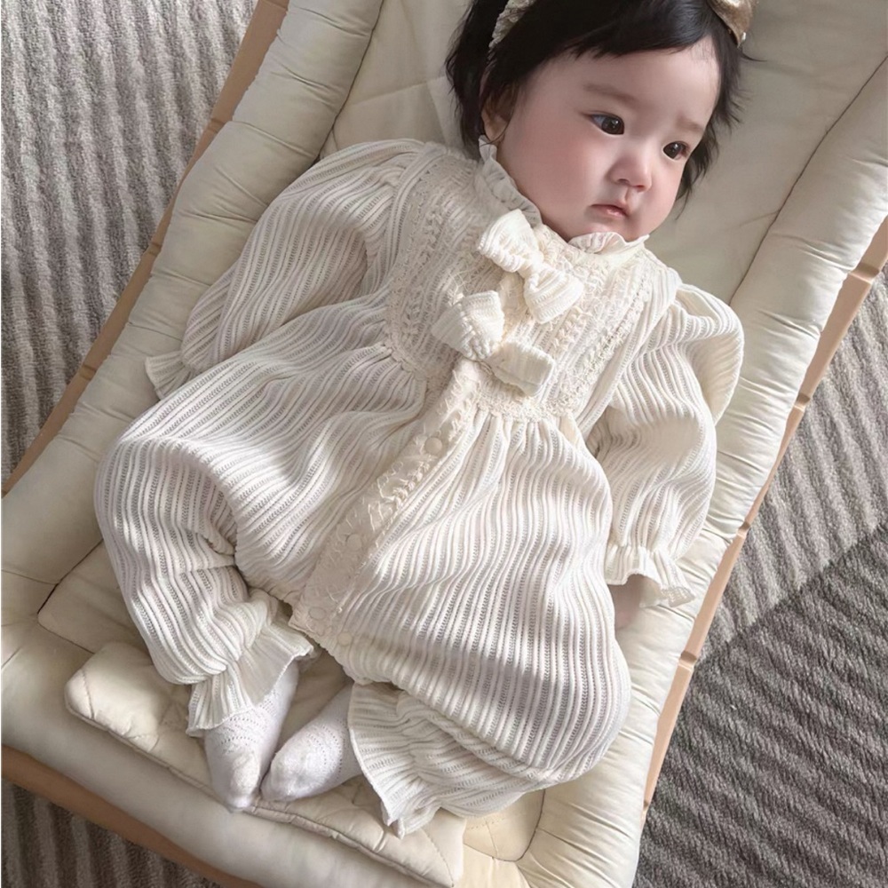 Winter Cream Baby Velour Romper with Bow and Lace Detail